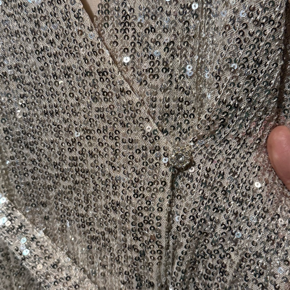 12th Tribe Now Or Never Champagne Sequin Wrap Dress sz S Sparkly Balloon Sleeve - Picture 6 of 11